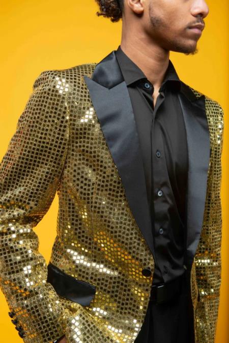 Mens Big and Tall Sequin Blazer - Shiny Fancy Sport Coat + Matching Bowtie + Gold Tuxedo