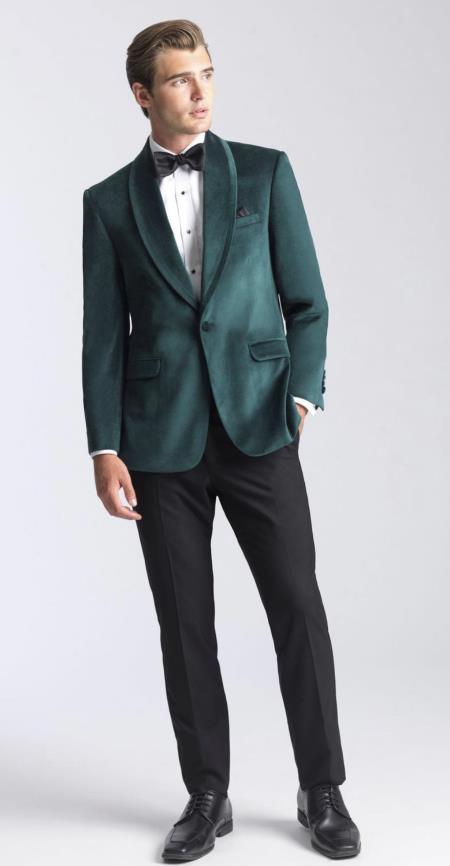 Mens Velvet Dinner Jacket - Mens Tuxedo Blazer With Trim Shawl Collar Green