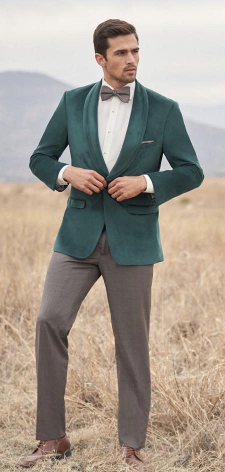 #52664  Mens Velvet Dinner Jacket - Mens Tuxedo Blazer With Trim Shawl Collar Green