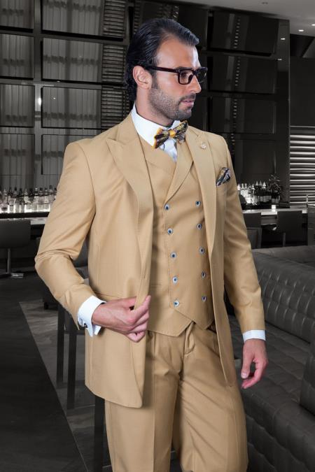100% Wool Suit - Mens One Button Notch Lapel Wide Leg Suit Camel