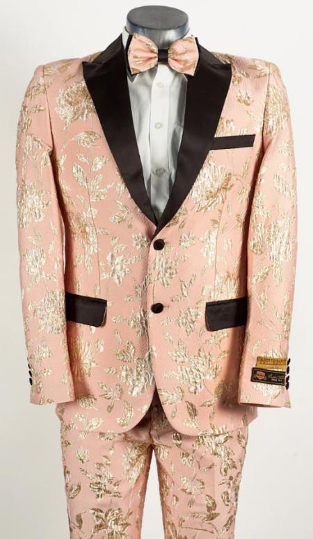 Mens Flower Suit - Floral Suit Mens 2 Button Peak Lapel Light Baby Pink and Gold Tuxedo