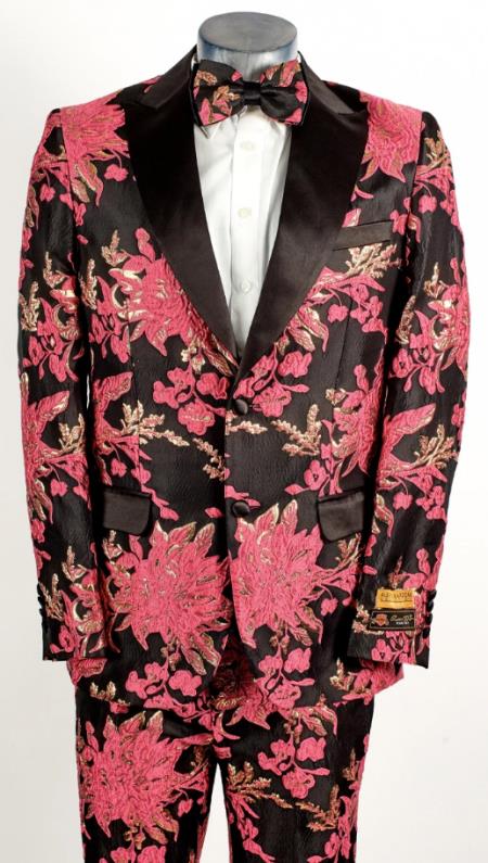 Mens Flower Suit - Floral Suit Mens 2 Button Peak Lapel Hot Pink Fuschia Tuxedo
