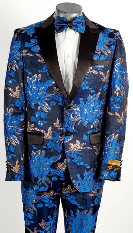 Mens Flower Suit - Floral Suit Mens 2 Button Peak Lapel Royal Blue and Gold Tuxedo