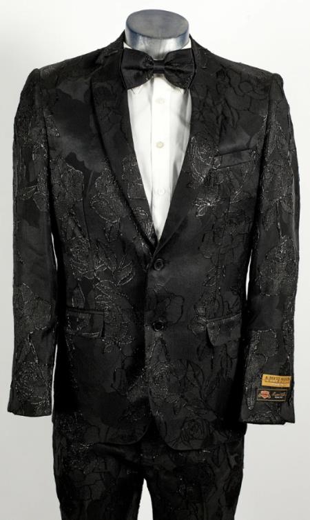 Mens Flower Suit - Floral Suit Mens 2 Button Peak Lapel Black Tuxedo
