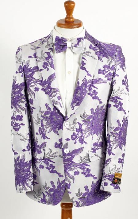 Mens Two Button White ~ Lavender Purple Paisley Pattern Blazer Bowtie Included