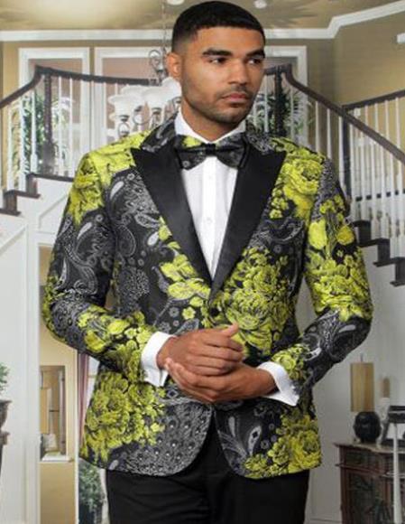 Gold Tuxedo with Black Pants and Matching Bowtie - Paisley Suits - Floral Prom or Wedding Suit