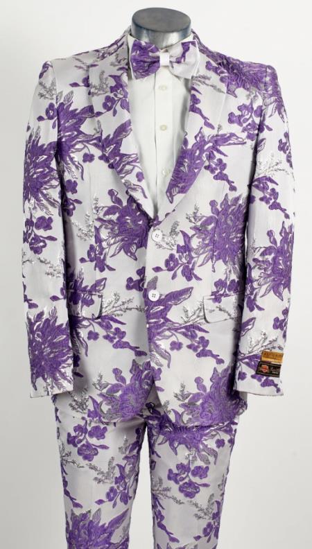 Mens Two Button White ~ Lavender Purple Paisley Pattern Wedding Tuxedo