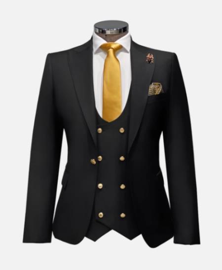 Black and Gold Suit With Double Breasted Vest - Black Wedding Suit