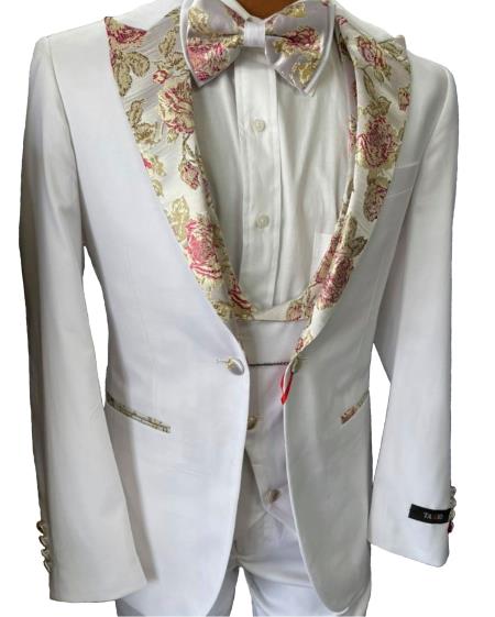 White and Gold Tuxedo - Floral Tuxedo With Matching Bowtie - Groom Tuxeod Suit
