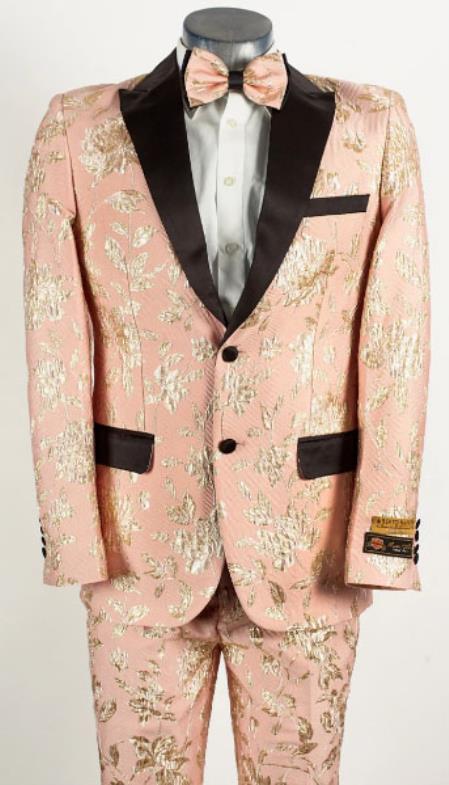 Mens Light Baby Pink ~ Gold 2 Button Floral Paisley Tuxedo