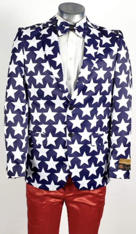 Mens Blue ~ White 2 Button Stars American Flag Patriotic Suit