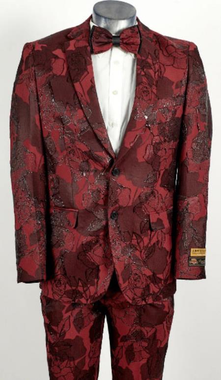 Mens Burgundy 2 Button Floral Paisley Prom and Wedding Tuxedo