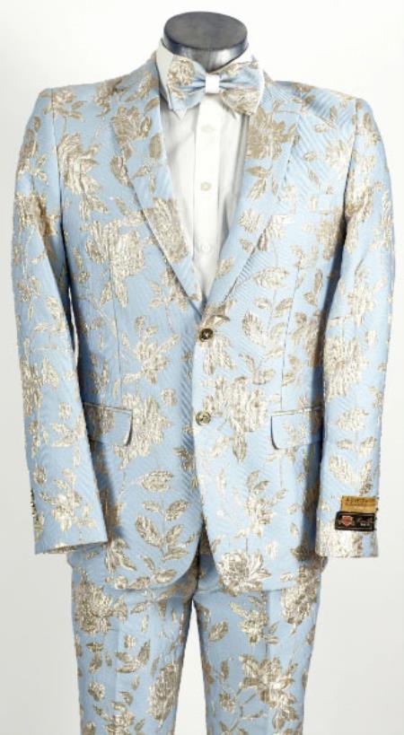 Mens 2 Button Sky Blue and Silver Foil Paisley Prom and Wedding Tuxedo