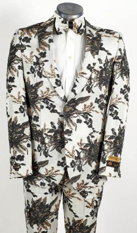Mens 2 Button Black ~ White Foil Floral Paisley Prom and Wedding Tuxedo