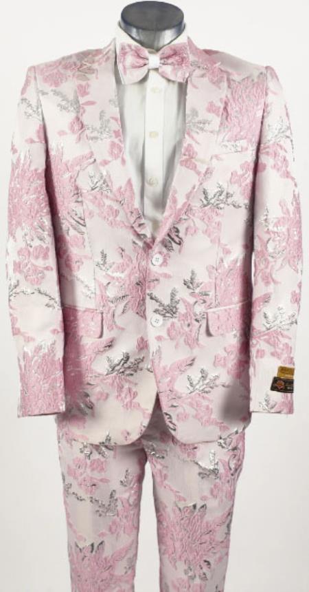 Package Package Combo Mens Pink Suit - Paisley Fancy Floral Suit with Matching Bowtie