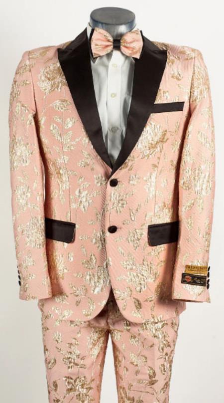 Mens Light Baby Pink and Gold 2 Button Floral Paisley Tuxedo Tuxedo
