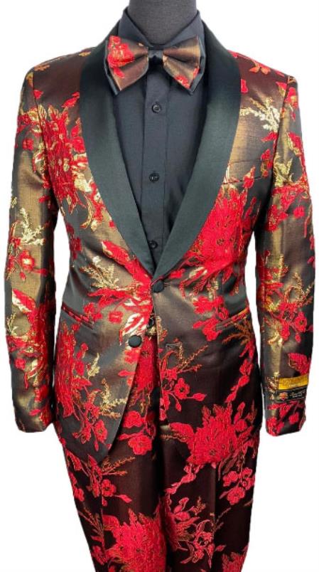 Mens Red and Gold Floral Pattern Prom Tuxedo in Matching Pants and Bowtie