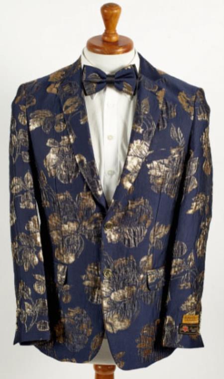 Mens Navy Blue and Gold 2 Button Foil Floral Paisley Prom and Wedding Blazer