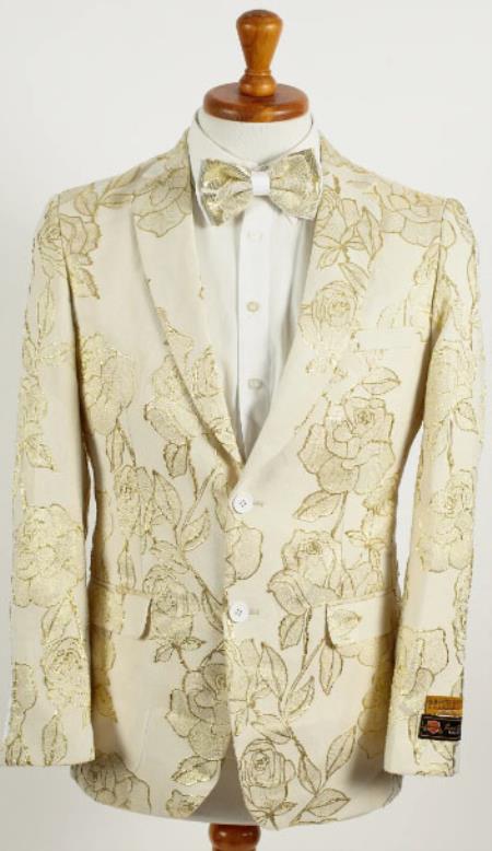 Mens Ivory and Gold 2 Button Foil Floral Paisley Prom and Wedding Blazer
