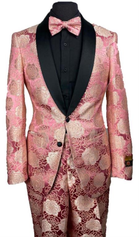 Mens Rose Pink Floral Prom Tuxedo Package w/ Matching Pants and Bowtie