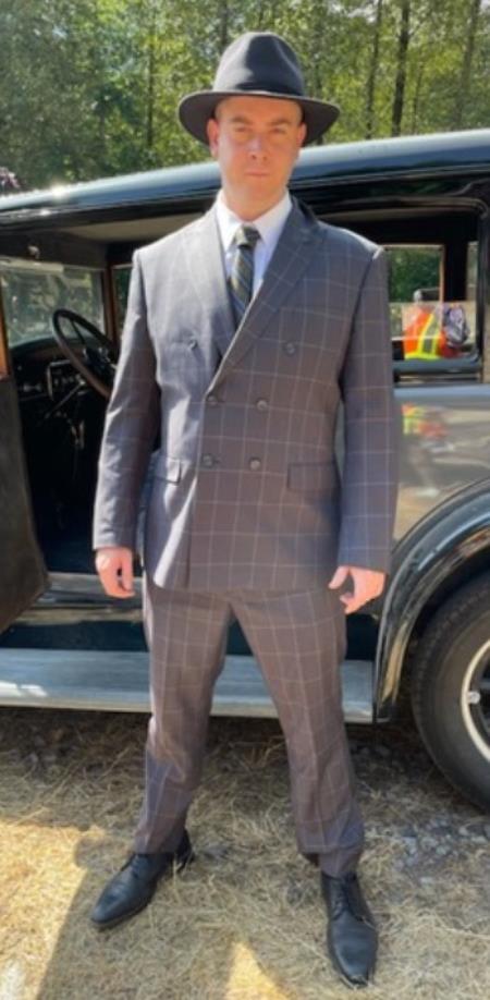 Gangster Suit - 1920 Mens Grey Pattern Suit With Grey Untochable Hat Shirt and Tie Combo
