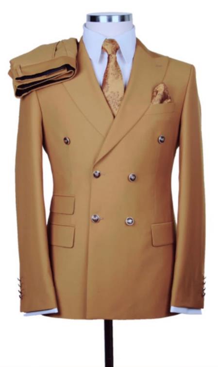 Slim Fitted Cut Mens Camel - Bronze - Khaki Color Double Breasted Blazers - 100% Wool Double Breasted Sport Coat