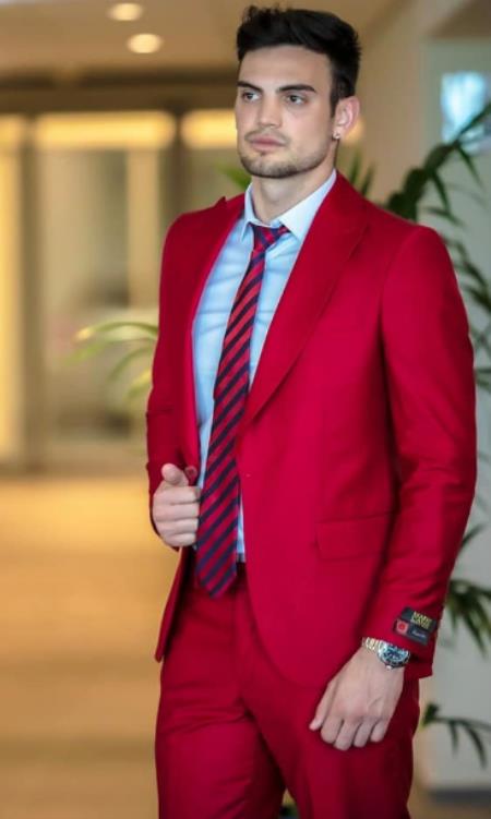 Mens One Button Peak Label Red Suit