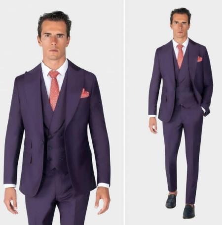 Mens One Button Peak Label Purple Suit