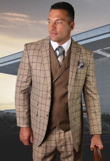 4  Plaid Suit - Windowpane Suit - Super 150s %100 Wool Vested 3 Piece Suits
