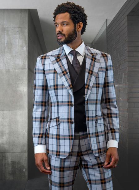0 Statement Suit - Plaid Suits - Peak Lapel Suit #4 Windowpane Suit - Suit with Double Breasted Vest-100% Wool Suit