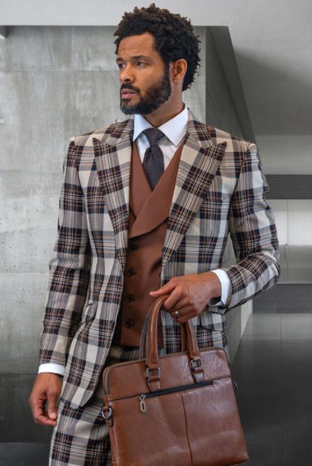 1 Statement Suit - Plaid Suits - Peak Lapel Suit #4 Windowpane Suit - Suit with Double Breasted Vest-100% Wool Suit