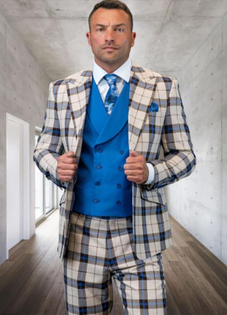 3 Statement Suit - Plaid Suits - Peak Lapel Suit #4 Windowpane Suit - Suit with Double Breasted Vest-100% Wool Suit