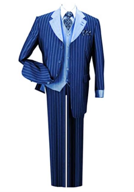 Mens Pinestripe Fashion Suit with Contrast Collar Cuffs and Vest Navy