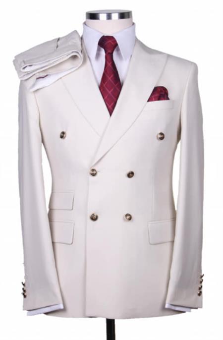 Slim Fitted Cut Mens Double Breasted Blazer - %100 Wool Off-white Double Breasted Sport Coat