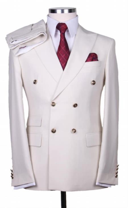 Slim Fitted Cut Mens Double Breasted Suit - %100 Wool Fabric - Flat Front Pants
