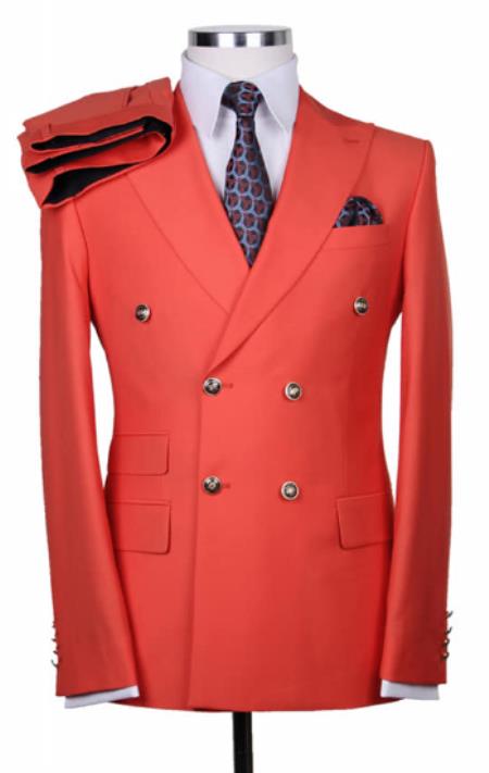 Slim Fitted Cut Mens Double Breasted Suit - %100 Wool Fabric - Flat Front Pants - Orange Suit