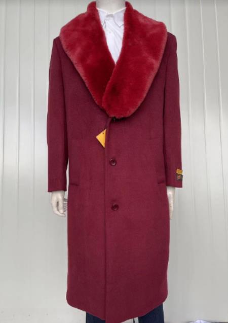 Mens Full Length Wool and Cashmere Overcoat - Winter Topcoats - Burgundy Coat