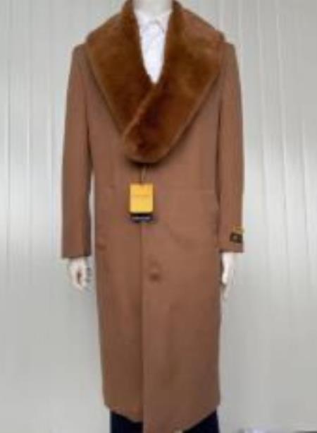 Mens Full Length and Cashmere Overcoat - Winter Topcoats - Light Brown Coat - Dark Camel - Vecuna Color