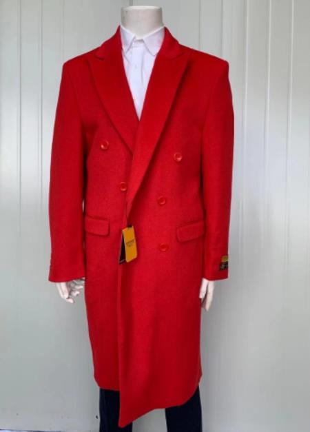 Mens Full Length Wool and Cashmere Overcoat - Winter Topcoats - Red Coat