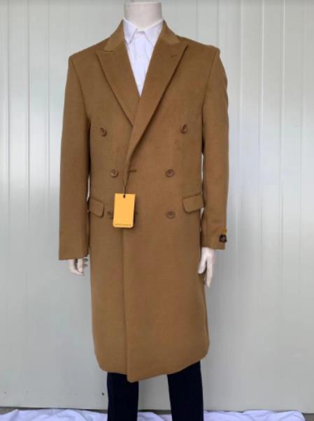 J54284 Mens Full Length Wool and Cashmere Overcoat - Winter Topcoats - Brown Coat