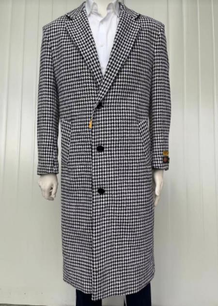 J54285 Mens Full Length Wool and Cashmere Overcoat - Winter Topcoats - Black and White Coat