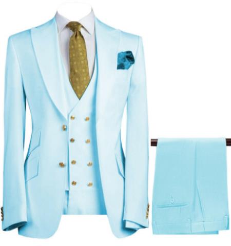 Mens 3-Piece Suit Notch Lapel Light Blue Suit