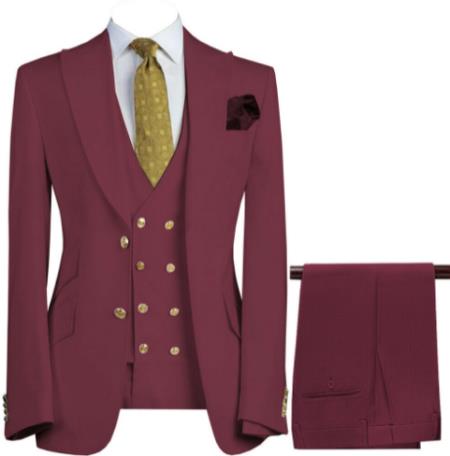Mens 3-Piece Suit Notch Lapel Burgundy Suit