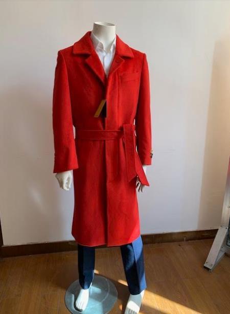 J54449 Red Trench Coat - Long Red Coat - Mens Red Peacoat - Mens Red Overcoat - Wool Fabric
