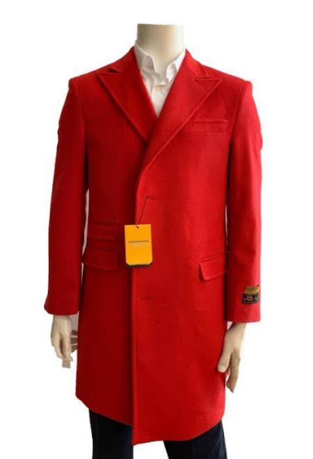J54451 Red Trench Coat - Long Red Coat - Mens Red Peacoat - Mens Red Overcoat - Wool Fabric