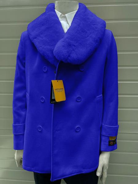 Mens Pea coats With Fur Collar - Wool Royal Blue Peacoats