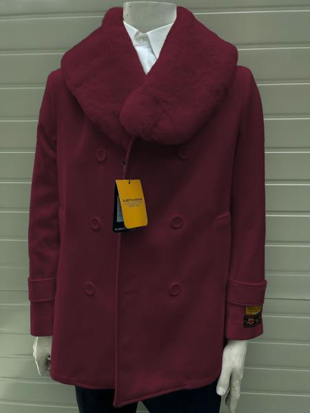 Mens Pea coats With Fur Collar - Wool Dark Burgundy Peacoats
