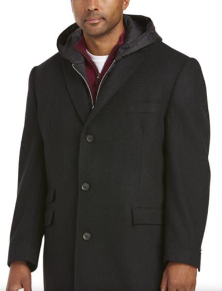 Overcoat with Hoodie - Mens Hooded Overcoat - Black Wool Topcoat