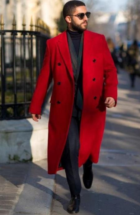 Mens Double Breasted Full Length Wool Coat Red Overcoat