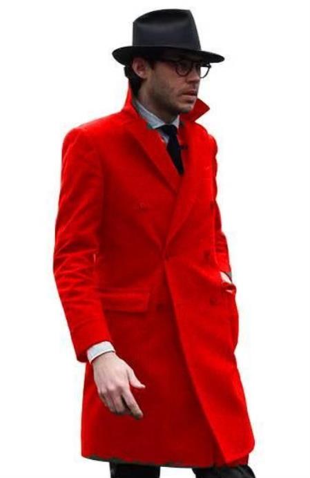 Mens Double Breasted Full Length Wool Coat Red Overcoat